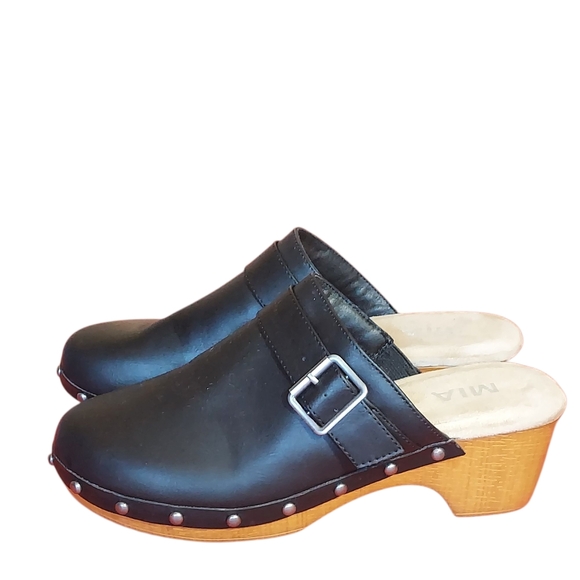 MIA Black Vegan Leather Silver Studded Clogs with Wooden Heel - Picture 13 of 14